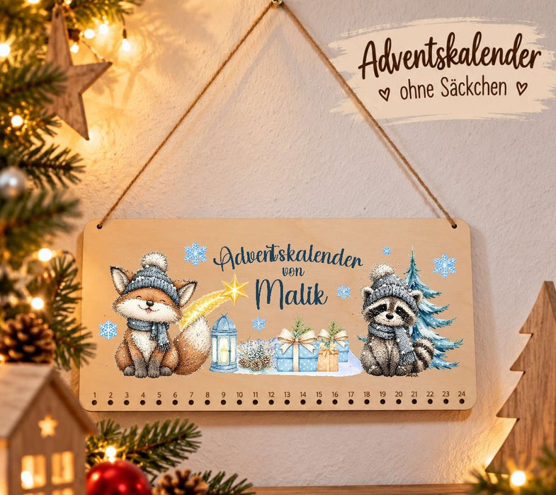 Personalisierter Adventskalender aus Holz mit Namen Fuchs & Waschbär – zum Befüllen mit oder ohne Säckchen - CreativMade