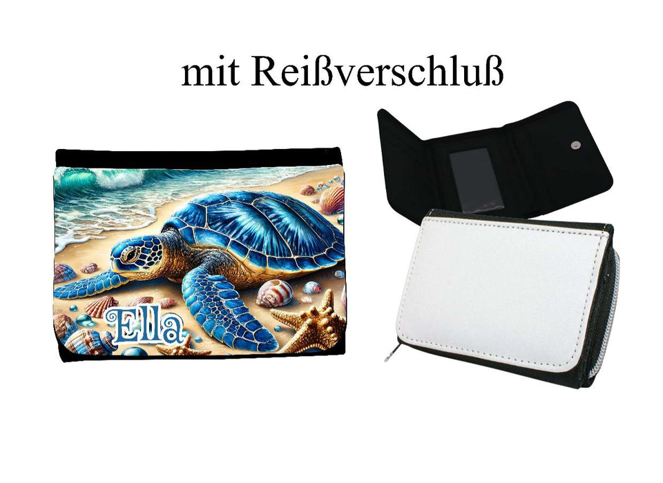 Kinder Geldbeutel personalisiert Schildkröte – Geldbörse mit Namen Klettverschluss oder Reißverschluss Porte­mon­naie - CreativMade
