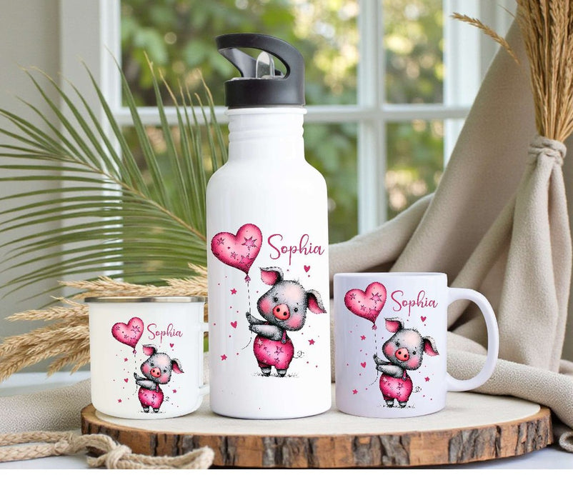 Personalisiertes Kinder Trinkflaschen- & Tassen-Set mit Namen Schwein – Edelstahl Trinkflasche 500 ml für Schule & Kindergarten - CreativMade