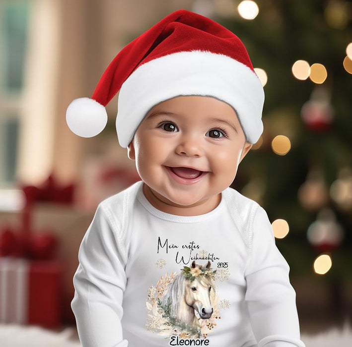 Mein erstes Weihnachten Baby-Body Pferd Mädchen – personalisiert Weihnachtsoutfit aus Baumwolle (0–18 Monate) Strampler - CreativMade 