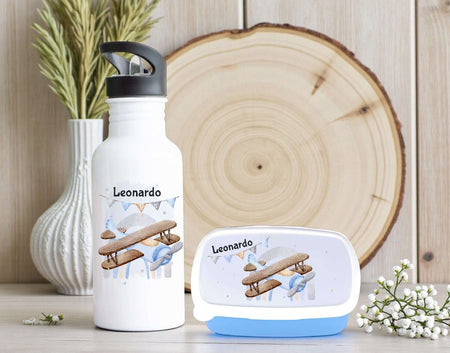Brotdose & Trinkflasche personalisiert Flugzeug - Kinder Set mit Namen Edelstahl Trinkflasche - CreativMade 