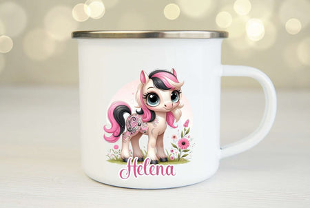 Tasse personalisiert Pferd mit Name Kinder Mädchen Einschulung Kindertasse Keramik oder Emaille - CreativMade 