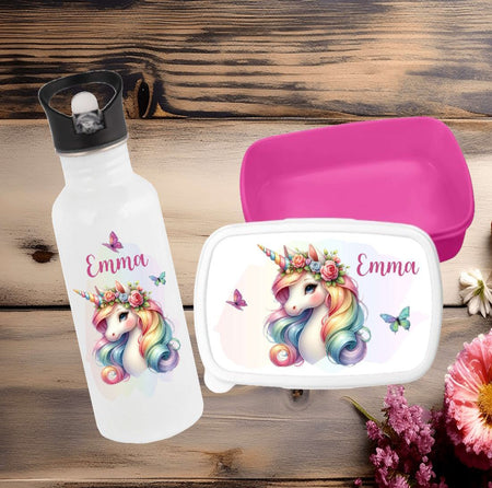 Set Brotdose und Trinkflasche personalisiert mit Namen Einhorn Edelstahl 500ml Lunchbox Mädchen - CreativMade