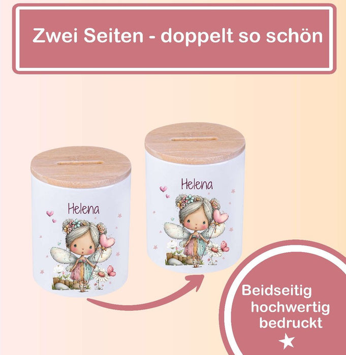 Kinder Spardose mit Name Fee – Personalisierte Spardose für Kinder Keramik mit Bambusdeckel für Mädchen | CreativMade .