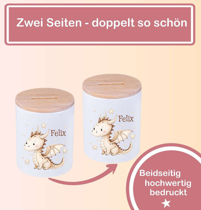 Kinder Spardose mit Name Drache  – Personalisierte Spardose für Kinder Keramik mit Bambusdeckel für Jungen