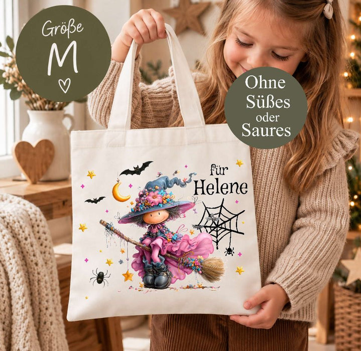 Halloween Beutel personalisiert mit Namen Hexe Mädchen Süßigkeiten Tasche