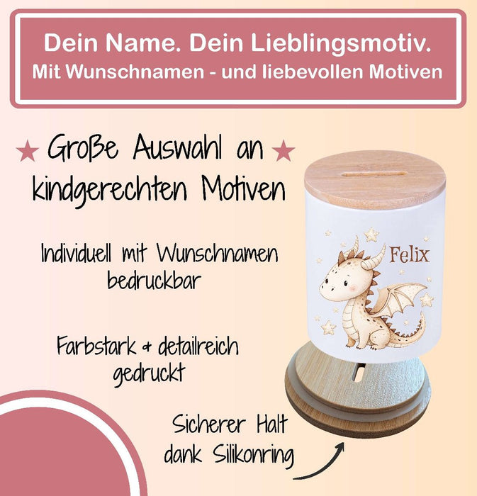 Kinder Spardose mit Name Drache  – Personalisierte Spardose für Kinder Keramik mit Bambusdeckel für Jungen