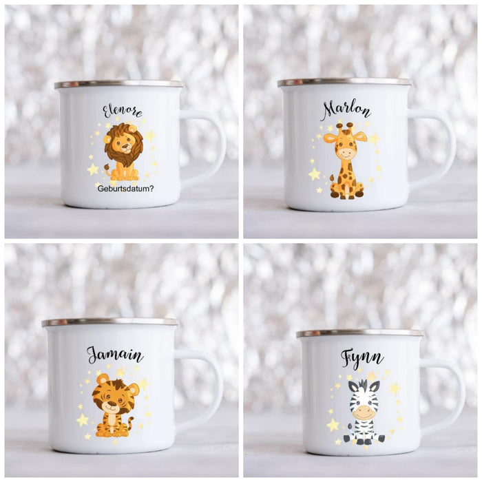 personalisierte Tasse mit Namen Mädchen Jungen Emaillie Safari Tiere - CreativMade 