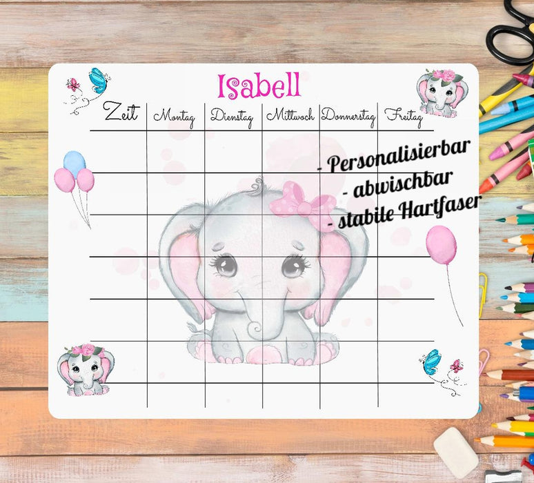 Stundenplan mit Name Mädchen Elefant personalisiert abwischbar - CreativMade 