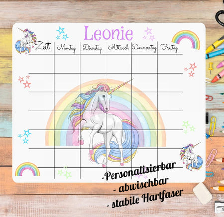Personalisierter Stundenplan mit Name Mädchen Regenbogen Pferd abwischbar - CreativMade 