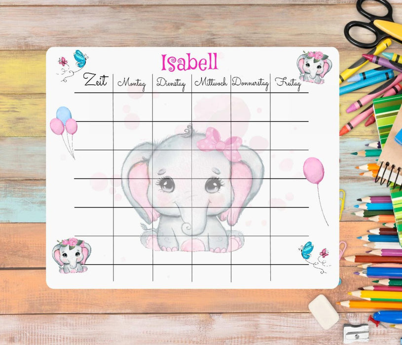 Stundenplan mit Name Mädchen Elefant personalisiert abwischbar - CreativMade 
