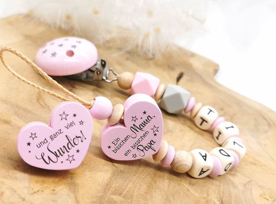 Schnullerkette mit Name ein bißchen Mama ein bißchen Papa und ganz viel Wunder - CreativMade 