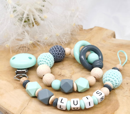 Greifling & Schnullerkette mit Namen Mintgrün - CreativMade 