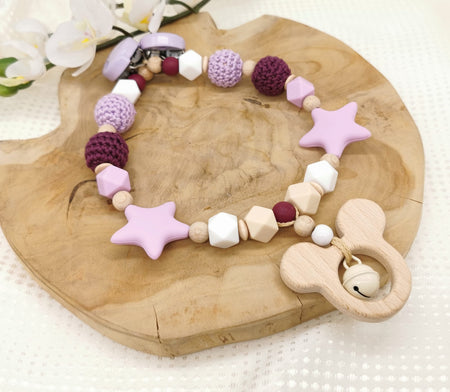 Set Kinderwagenkette & Greifling & Schnullerkette mit Namen Flieder - CreativMade 
