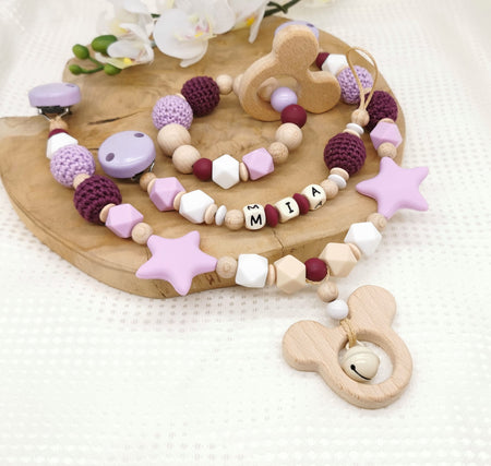 Set Kinderwagenkette & Greifling & Schnullerkette mit Namen Flieder - CreativMade 