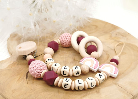 Greifling & Schnullerkette mit Namen Regenbogen Boho - CreativMade 