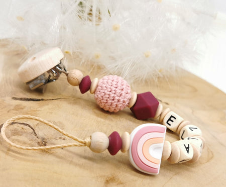 Greifling & Schnullerkette mit Namen Regenbogen Boho - CreativMade 