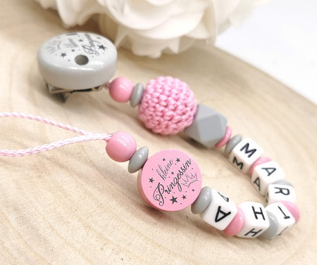 Personalisierte Schnullerkette mit Namen – kleine Prinzessin Mädchen - Liebevolles Accessoire für Dein Baby in Rosa - CreativMade
