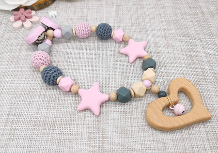 Set Kinderwagenkette & Greifling & Schnullerkette mit Namen Rosa - CreativMade 