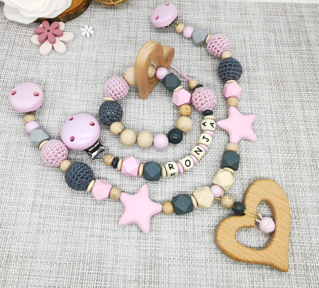 Set Kinderwagenkette & Greifling & Schnullerkette mit Namen Rosa - CreativMade 