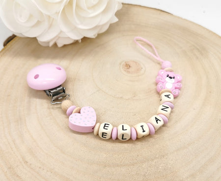 Personalisierte Schnullerkette mit Namen – Teddybär Mädchen - Liebevolles Accessoire für Dein Baby - CreativMade