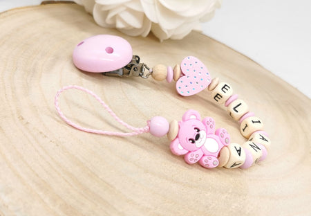 Personalisierte Schnullerkette mit Namen – Teddybär Mädchen - Liebevolles Accessoire für Dein Baby - CreativMade