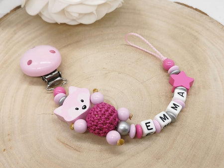 Personalisierte Schnullerkette mit Namen – Fuchs Mädchen - Liebevolles Accessoire für Dein Baby Pink Silber - CreativMade