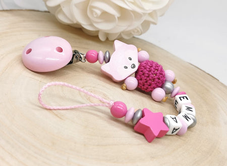 Personalisierte Schnullerkette mit Namen – Fuchs Mädchen - Liebevolles Accessoire für Dein Baby Pink Silber - CreativMade