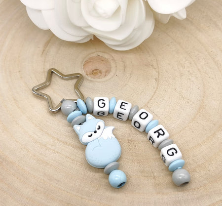 Schlüsselanhänger Fuchs mit Name Junge Babyblau - CreativMade 