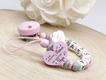 Schnullerkette mit Namen Mädchen Ein bißchen Mama ein bißchen Papa und ganz viel Wunder - CreativMade 