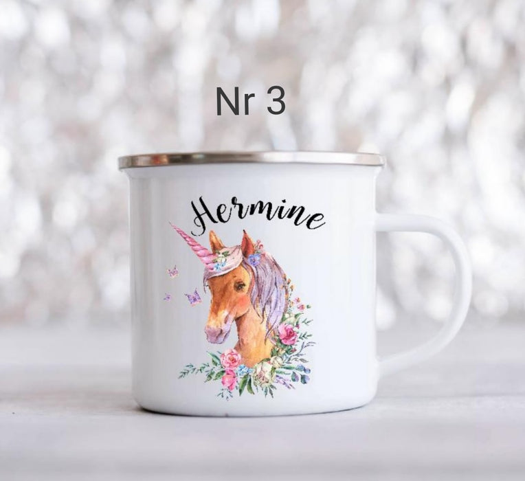 personalisierte Tasse mit Namen Mädchen Emaillie Pferd - verschiedene Motive - CreativMade 