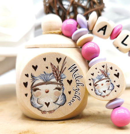 Milchzahndose mit Namen Eule - CreativMade 