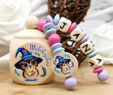 Milchzahndose mit Namen Eule - CreativMade 