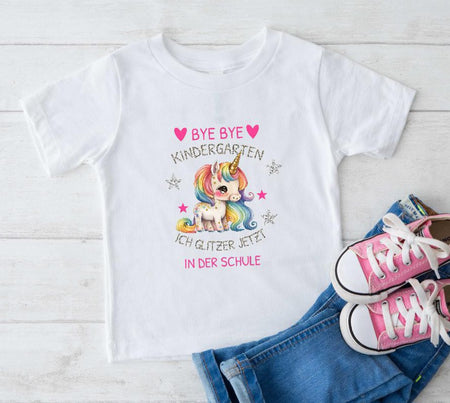 Kinder T-Shirt personalisiert Einschulung Mädchen Einhorn Bye Bye Kindergarten - CreativMade 