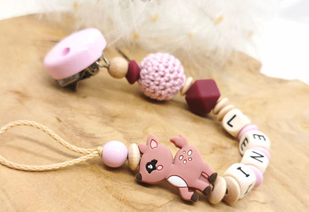 Schnullerkette mit Name personalisiert Reh Geschenk Baby Geburt - CreativMade