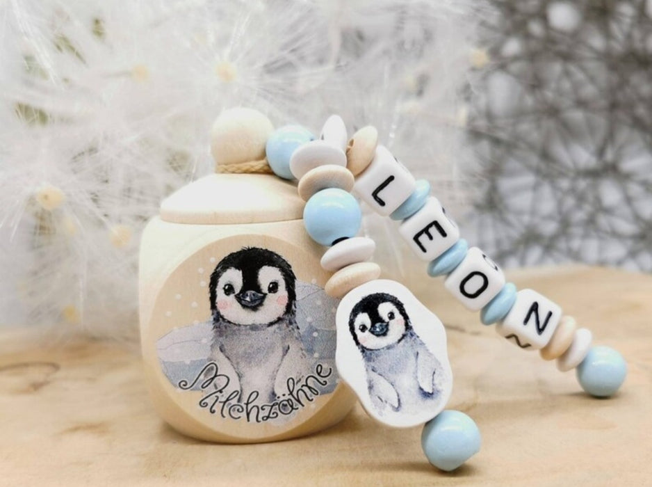 Milchzahndose mit Namen Pinguin - CreativMade 
