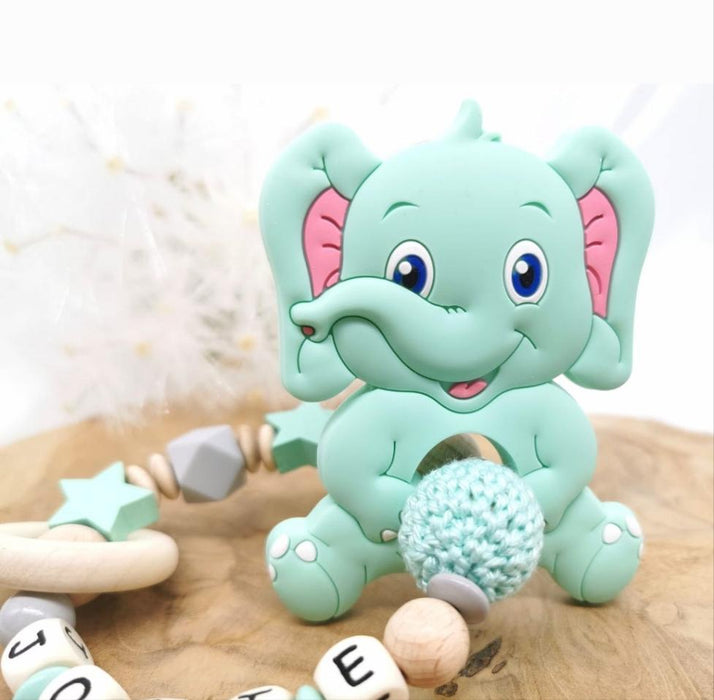 Beißring Greifling mit Name Junge Mädchen Elefant Mintgrün - CreativMade 