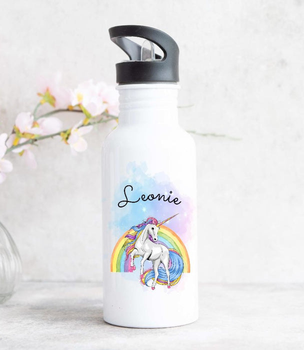 Personalisierte Trinkflasche Kinder mit Name Mädchen Regenbogen Pferd - CreativMade 