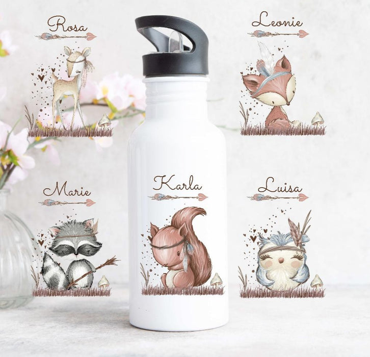 Trinkflasche mit Name Kinder Waldtiere Reh Fuchs Waschbär Eichhörnchen Eule - CreativMade 