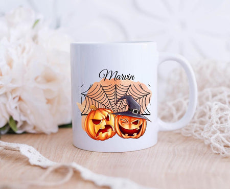 Tasse mit Name Halloween Kürbis Emaillie oder Keramik - CreativMade 