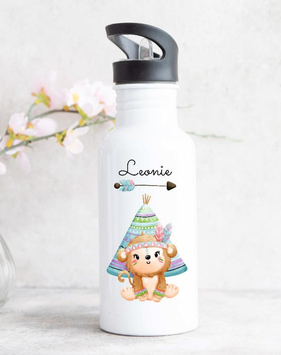 Trinkflasche mit Name Junge Tiere Giraffe Löwe Hippo Affe - CreativMade 