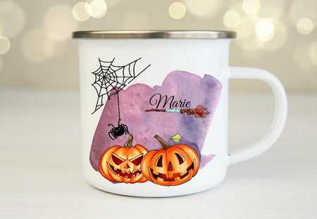 Tasse mit Name Halloween Kürbis Emaillie oder Keramik - CreativMade 