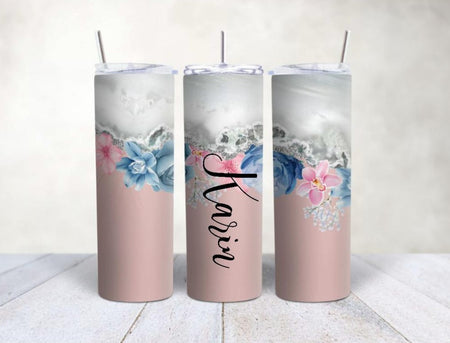 Personalisierter Trinkbecher mit Name & Strohhalm Altrosa Blumen to go Becher - CreativMade 