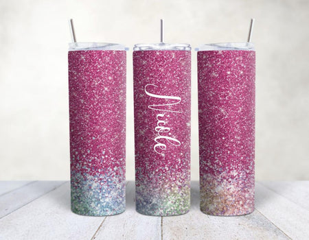 Personalisierter Trinkbecher mit Name & Strohhalm Glitzer Pink to go Becher - CreativMade 