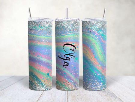 Personalisierter Trinkbecher mit Name & Strohhalm Glitzer bunt to go Becher - CreativMade 